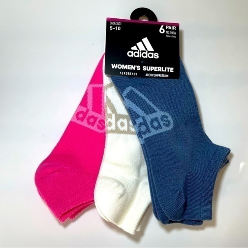 Adidas women’s no show socks blue white pink 6 pairs size 5-10